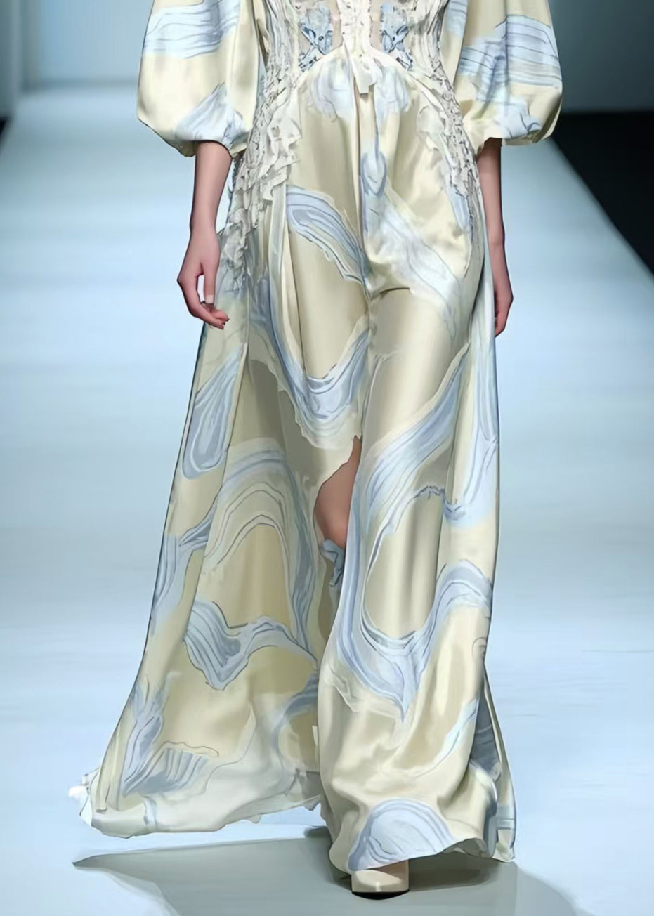 Chic Apricot Print Draping Silk Maxi Dresses Lantern Sleeve