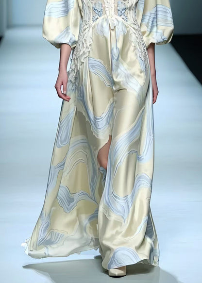 Chic Apricot Print Draping Silk Maxi Dresses Lantern Sleeve