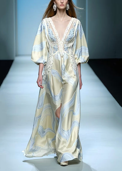 Chic Apricot Print Draping Silk Maxi Dresses Lantern Sleeve