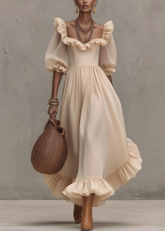 Chic Apricot Square Collar Wrinkled Long Dress Half Sleeve