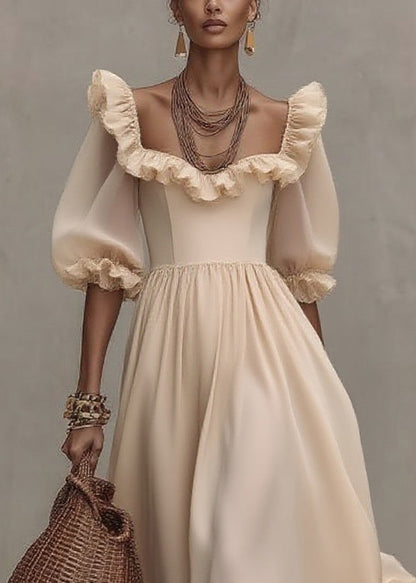 Chic Apricot Square Collar Wrinkled Long Dress Half Sleeve