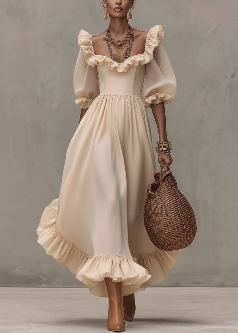Chic Apricot Square Collar Wrinkled Long Dress Half Sleeve