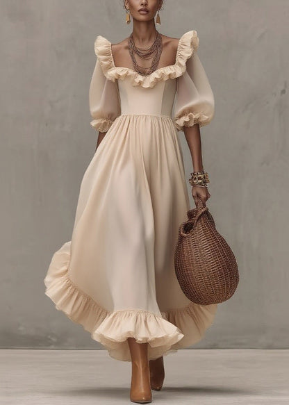 Chic Apricot Square Collar Wrinkled Long Dress Half Sleeve