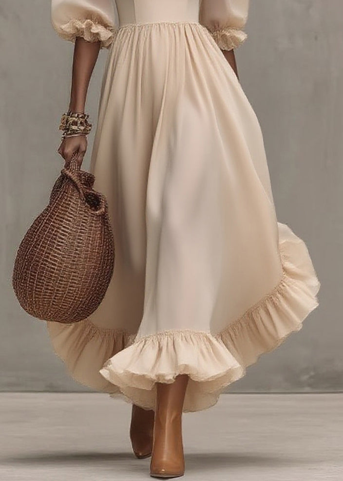 Chic Apricot Square Collar Wrinkled Long Dress Half Sleeve