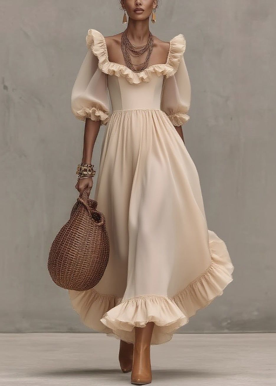 Chic Apricot Square Collar Wrinkled Long Dress Half Sleeve