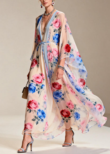 Chic Apricot Tie Waist Print Chiffon Party Dress Summer