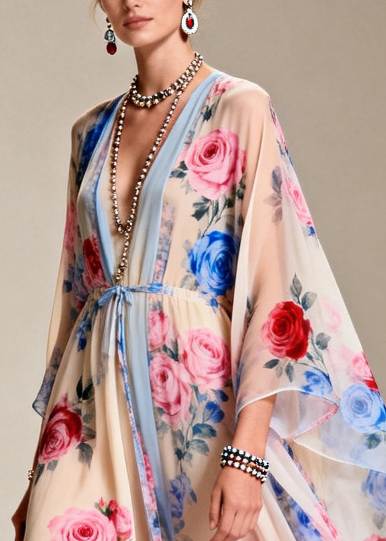 Chic Apricot Tie Waist Print Chiffon Party Dress Summer