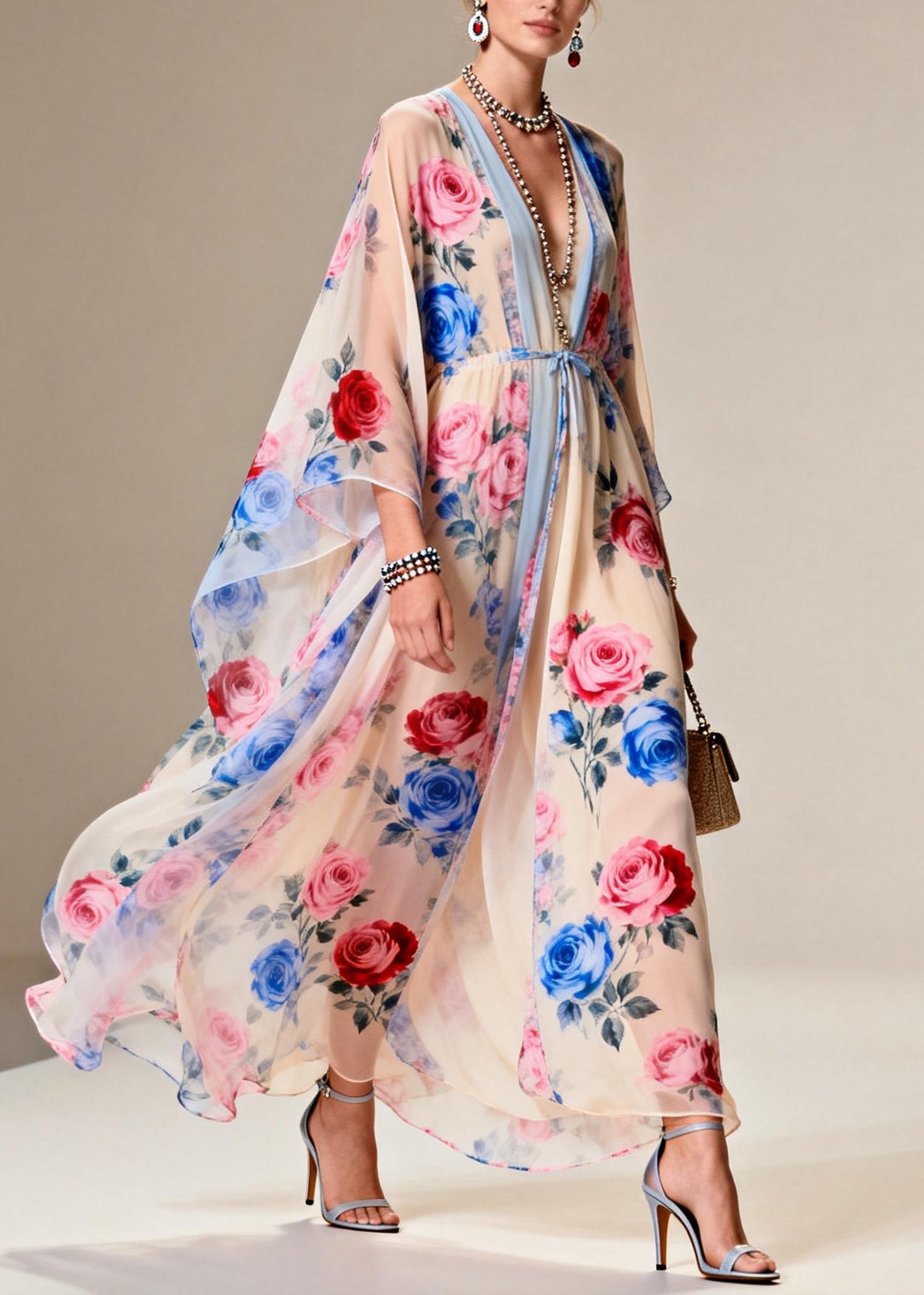 Chic Apricot Tie Waist Print Chiffon Party Dress Summer