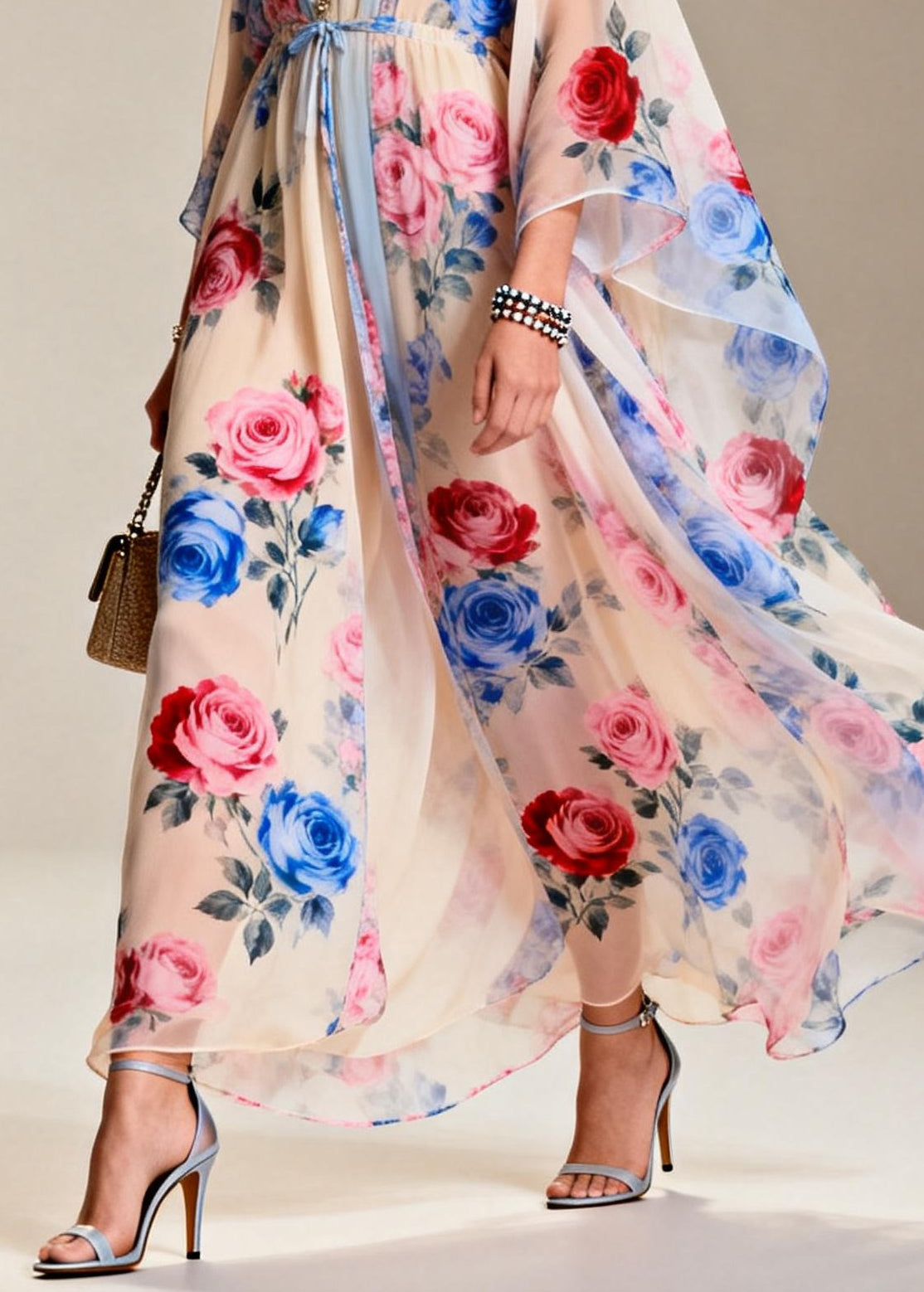 Chic Apricot Tie Waist Print Chiffon Party Dress Summer