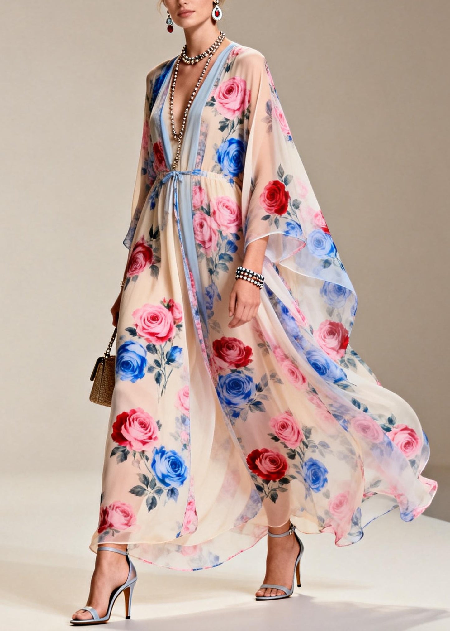 Chic Apricot Tie Waist Print Chiffon Party Dress Summer