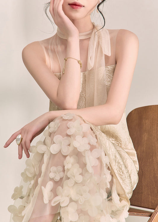 Chic Apricot Tulle Patchwork Floral Vacation Maxi Dresses Summer