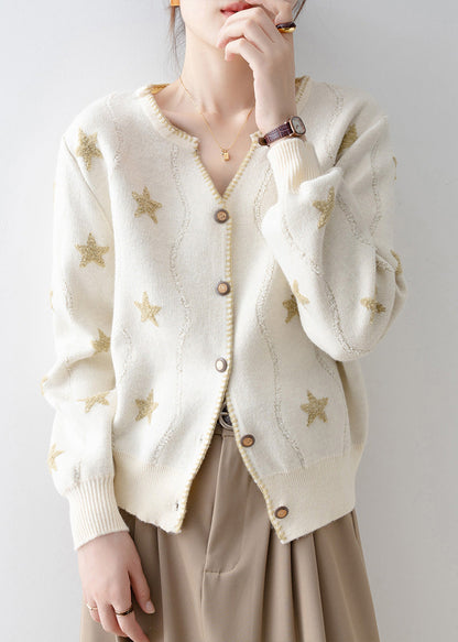 Chic Apricot V Neck Button Pentagram Knit Cardigans Spring