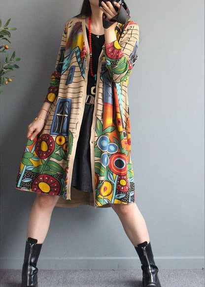 Chic Apricot V Neck Button Print Fall Knit Loose Coat Long sleeve