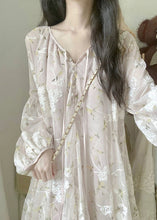 Load image into Gallery viewer, Chic Apricot V Neck Embroidered Silk Mid Dress Lantern Sleeve