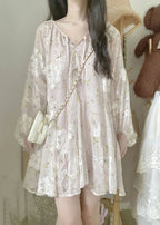 Chic Apricot V Neck Embroidered Silk Mid Dress Lantern Sleeve