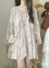 Load image into Gallery viewer, Chic Apricot V Neck Embroidered Silk Mid Dress Lantern Sleeve
