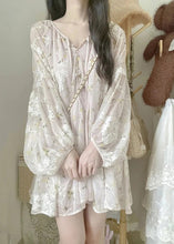 Load image into Gallery viewer, Chic Apricot V Neck Embroidered Silk Mid Dress Lantern Sleeve