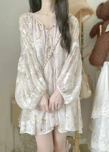 Chic Apricot V Neck Embroidered Silk Mid Dress Lantern Sleeve
