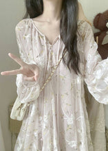 Load image into Gallery viewer, Chic Apricot V Neck Embroidered Silk Mid Dress Lantern Sleeve