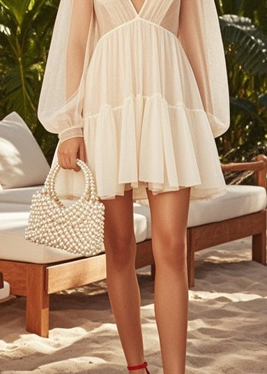 Chic Apricot V Neck Exra Large Hem Tulle Tea Dress Summer