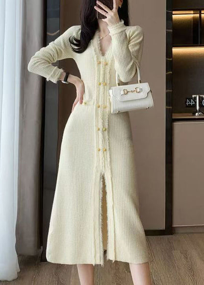 Chic Apricot V Neck Knit Sweater Dress Winter