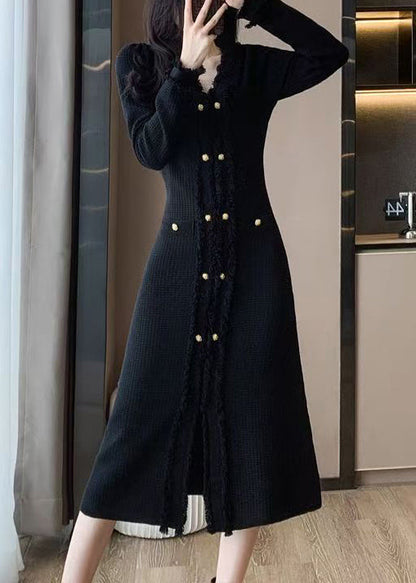 Chic Apricot V Neck Knit Sweater Dress Winter