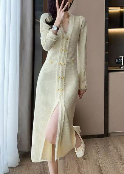 Chic Apricot V Neck Knit Sweater Dress Winter