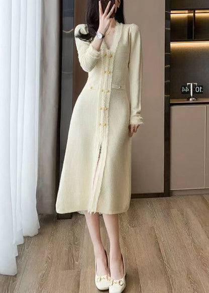 Chic Apricot V Neck Knit Sweater Dress Winter