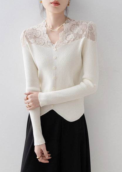 Chic Apricot V Neck Lace Patchwork Knit Sweater Spring
