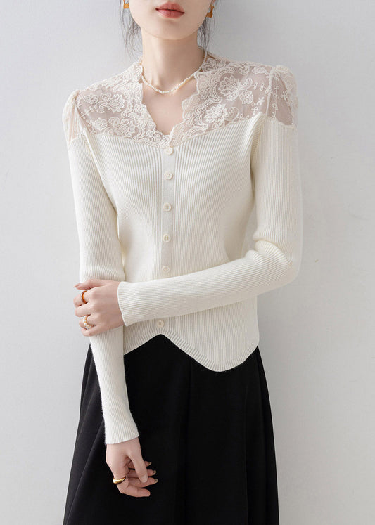 Chic Apricot V Neck Lace Patchwork Knit Sweater Spring