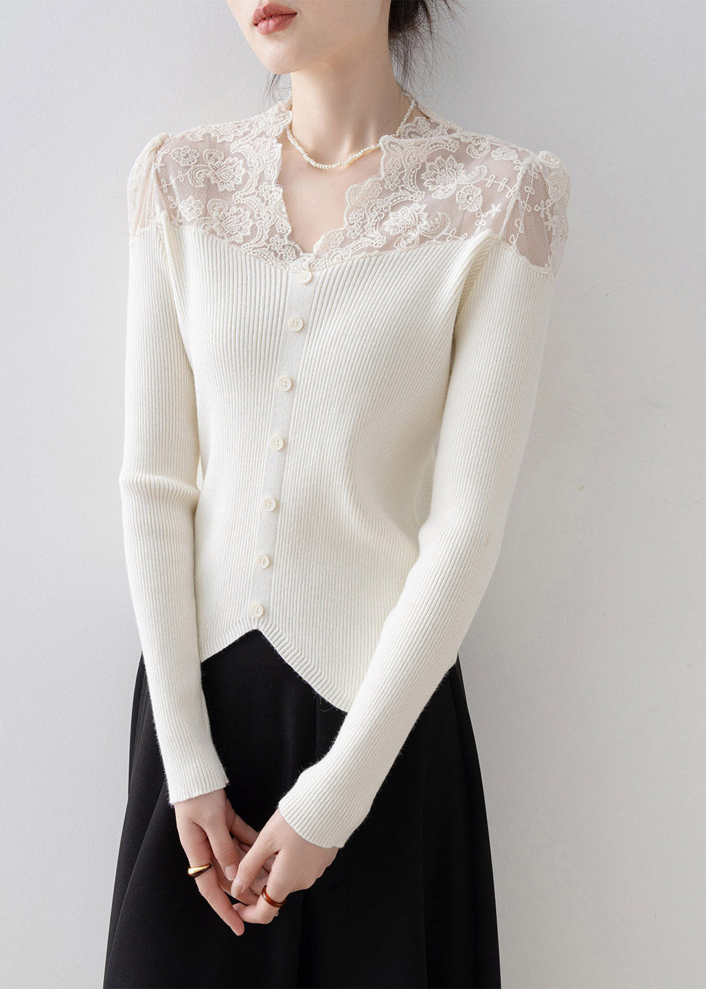 Chic Apricot V Neck Lace Patchwork Knit Sweater Spring