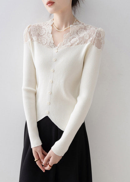 Chic Apricot V Neck Lace Patchwork Knit Sweater Spring