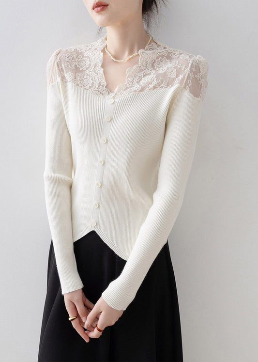 Chic Apricot V Neck Lace Patchwork Knit Sweater Spring