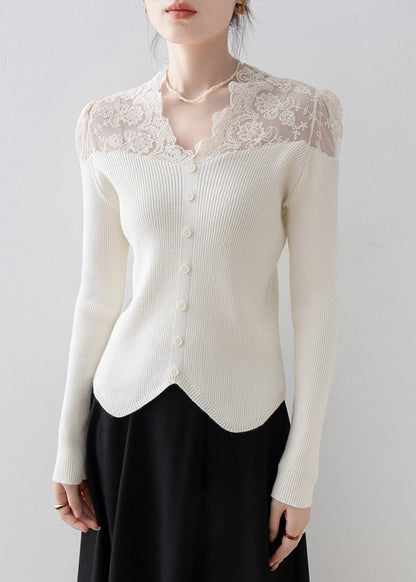 Chic Apricot V Neck Lace Patchwork Knit Sweater Spring