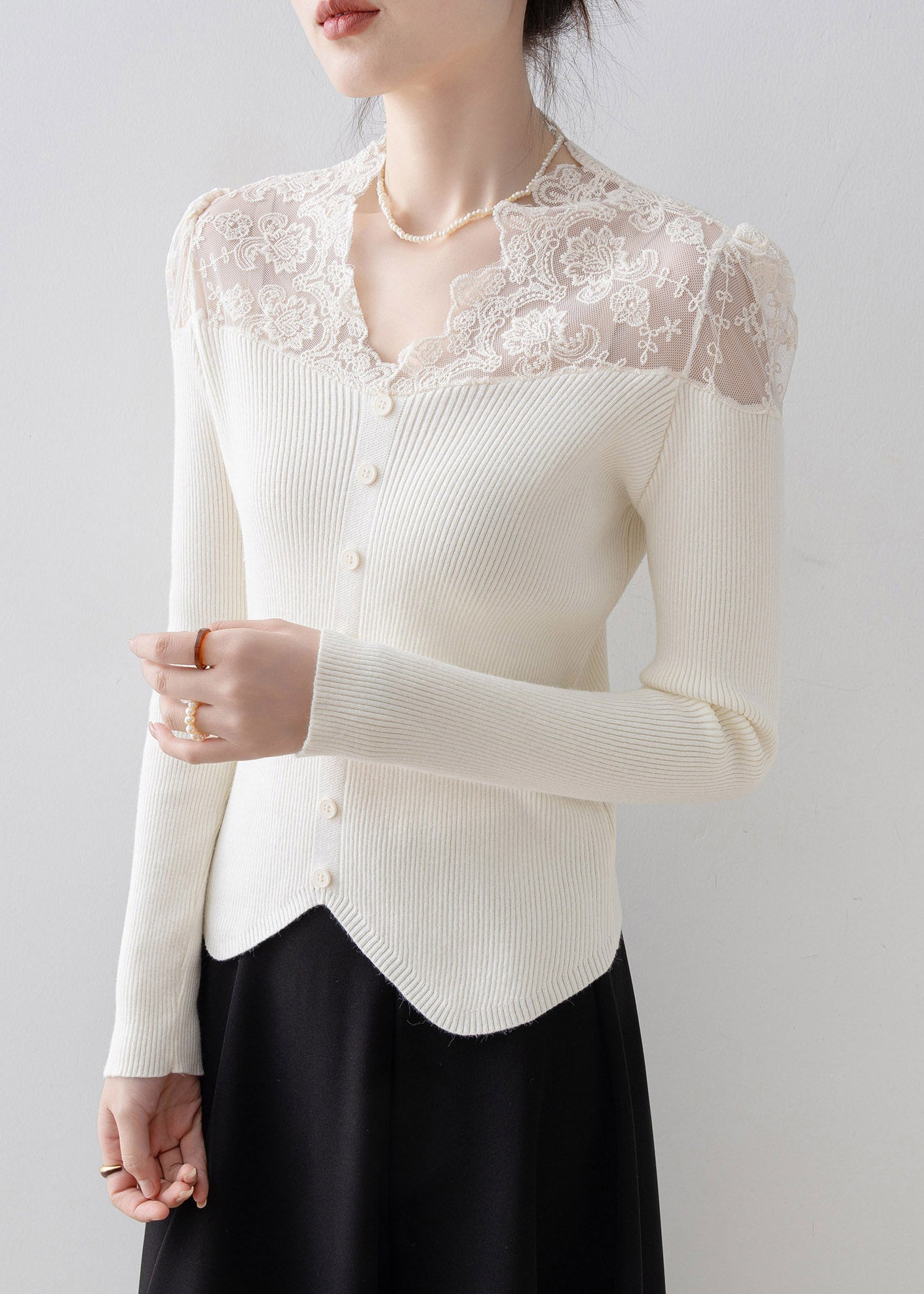 Chic Apricot V Neck Lace Patchwork Knit Sweater Spring