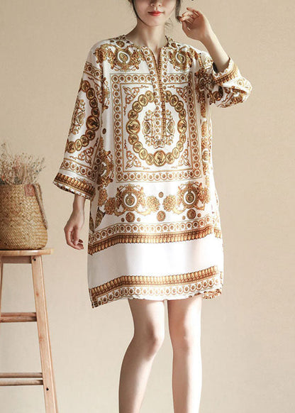 Chic Apricot V Neck Print Patchwork Silk Dresses Summer