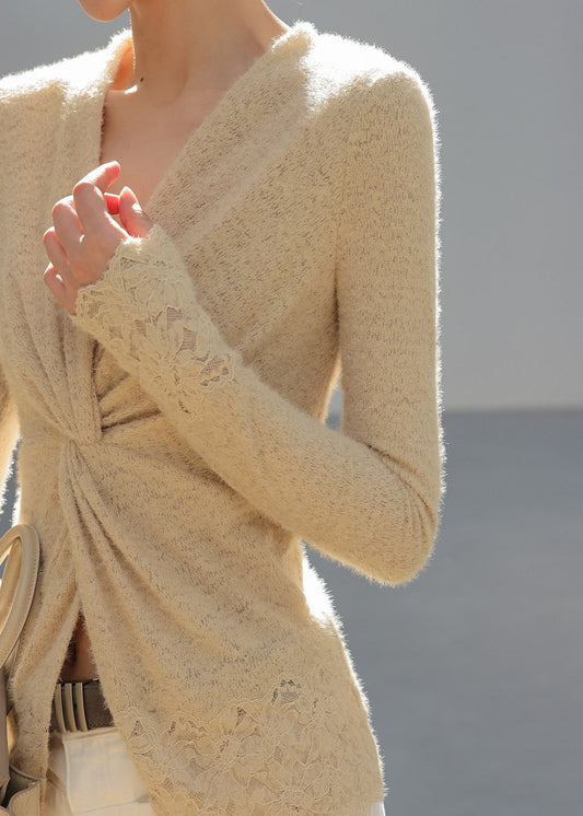 Chic Apricot V Neck Wrinkled Knit Top Spring