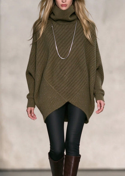 Chic Army Green Hign Neck Asymmetrical Design Thick Knit Sweaters Fall