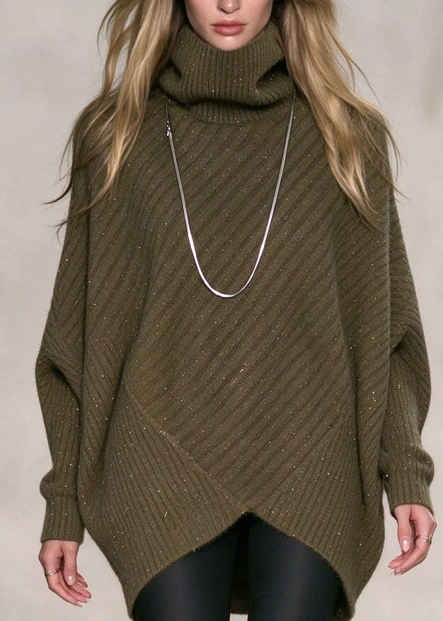 Chic Army Green Hign Neck Asymmetrical Design Thick Knit Sweaters Fall