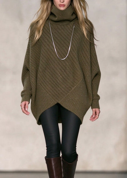 Chic Army Green Hign Neck Asymmetrical Design Thick Knit Sweaters Fall