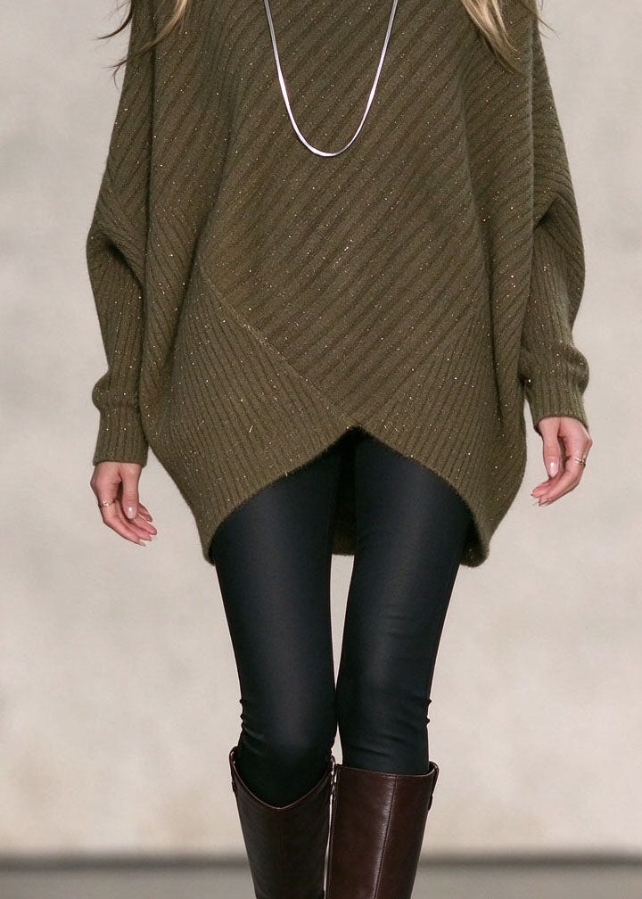 Chic Army Green Hign Neck Asymmetrical Design Thick Knit Sweaters Fall