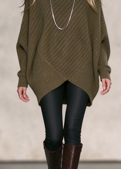Chic Army Green Hign Neck Asymmetrical Design Thick Knit Sweaters Fall