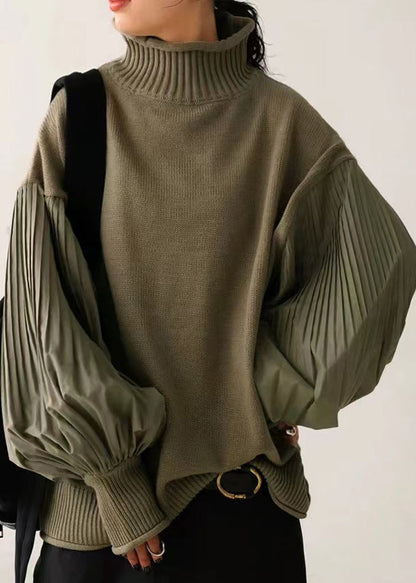 Chic Army Green Hign Neck Wrinkled Patchwork Knitted Tops Lantern Sleeve