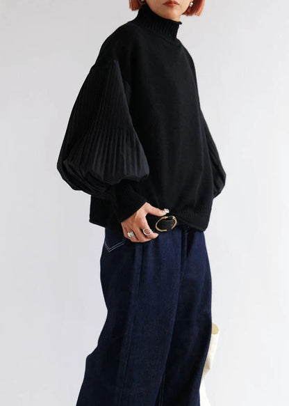 Chic Army Green Hign Neck Wrinkled Patchwork Knitted Tops Lantern Sleeve