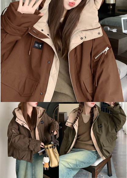 Chic Army Green Hooded Patchwork Fine Cotton Filled Parkas Winter