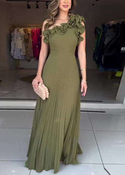 Chic Army Green One Shoulder Floral Pleated Dress Summer