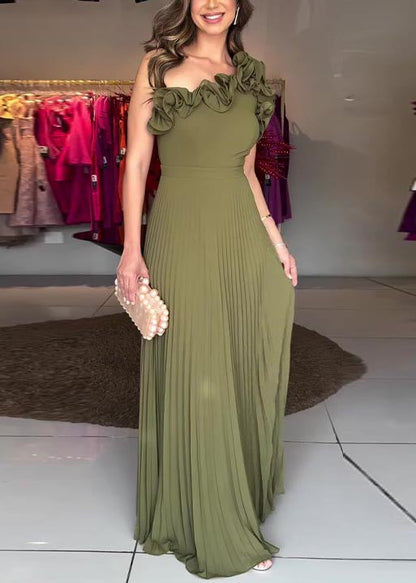 Chic Army Green One Shoulder Floral Pleated Dress Summer