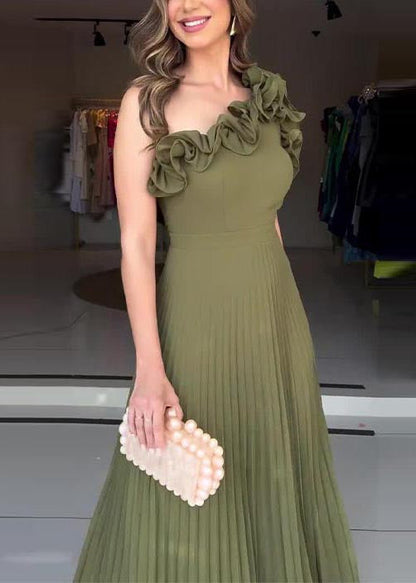 Chic Army Green One Shoulder Floral Pleated Dress Summer