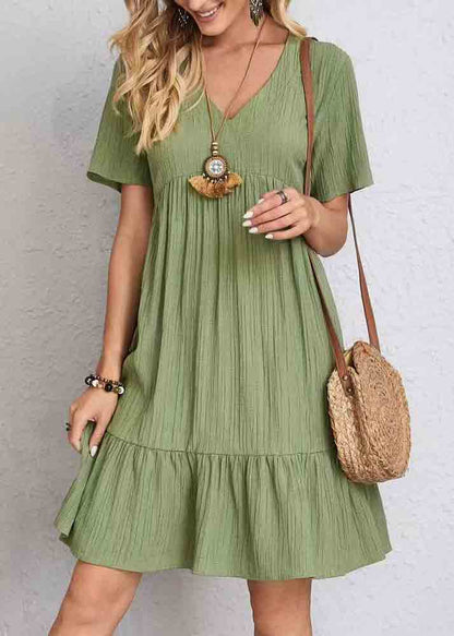 Chic Army Green V Neck Patchwork Cotton Day Dress Summer