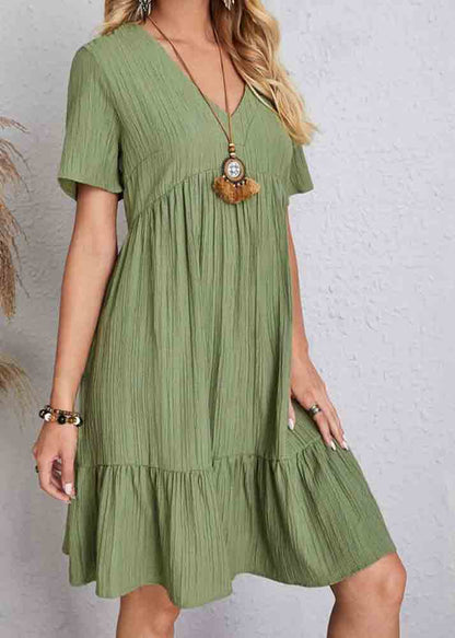 Chic Army Green V Neck Patchwork Cotton Day Dress Summer